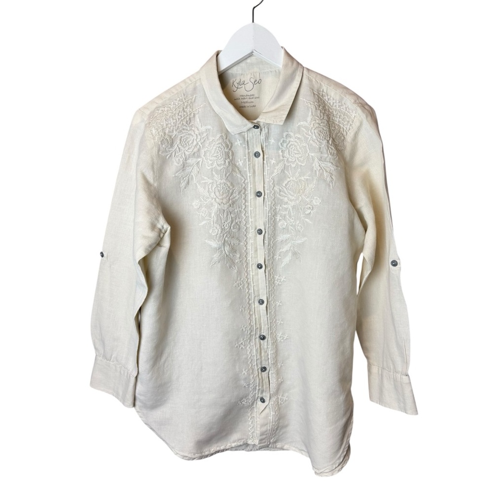 Kyla Seo Embroidered Button Up Top Cotton Linen Blend